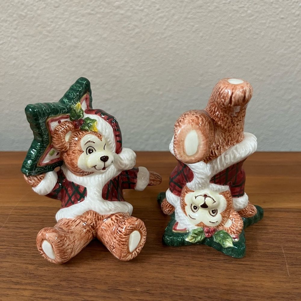 FF Fitz & Floyd Tumbling Christmas Holiday Santa Teddy Bears - Set of 2